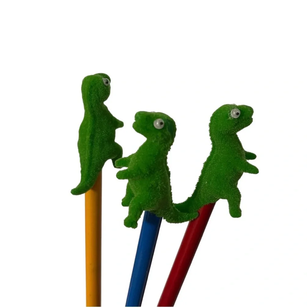 Vintage Dinosaur Pencil Set w/Ceramic Cup Holder & 3 Wooden Pencils w/ Toppers